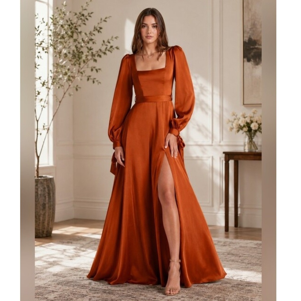 Azazie Rust Satin Square Neck Long Sleeve Formal Gown Dress A0/US XS